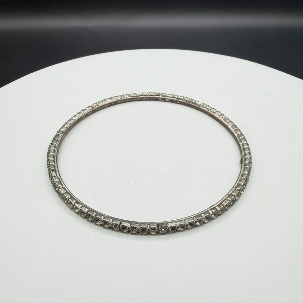 Silver Tone Clear Rhinestone Bangle Bracelet Prong Set Sparkle Statement Jewelry